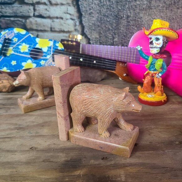 Hand Carved Bear Book Ends Minnesota Agate 1950s - Picture 13 of 15